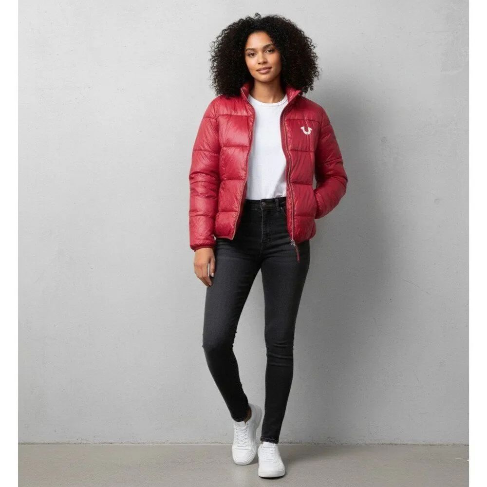 True Religion Women's Small Horse Shoe Slim Red Puffer Jacket Lightweight Zip Up